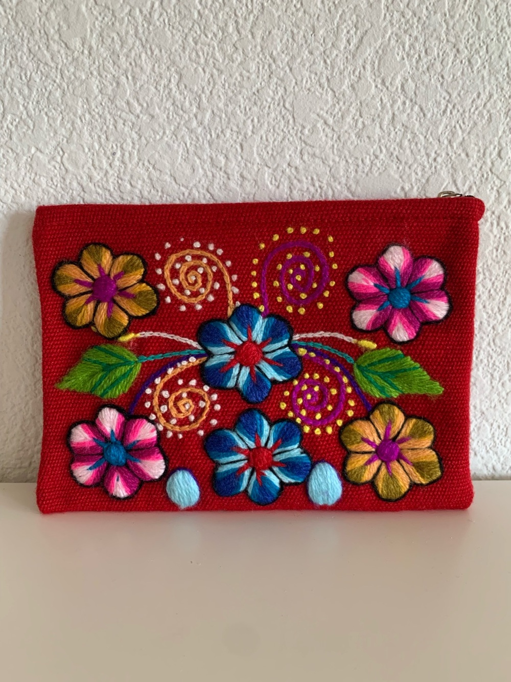 Hand-Embroidered Red Floral Clutch